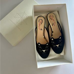 Charlotte Olympia Terrycloth Black Kitty Slides